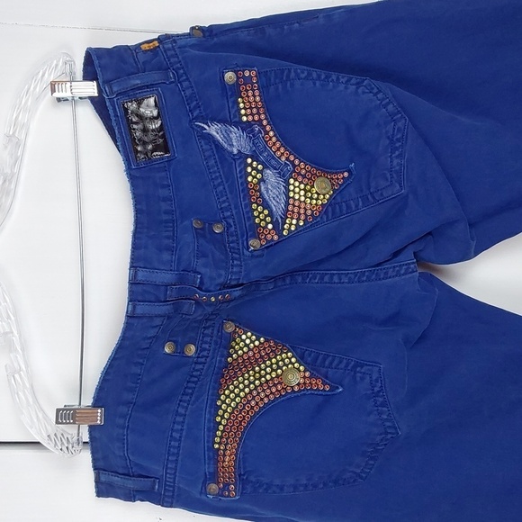 Robins Jeans RARE long Killer FLAP Blue Jeans Yellow/Red  Vintage Sz.44 - Picture 1 of 17